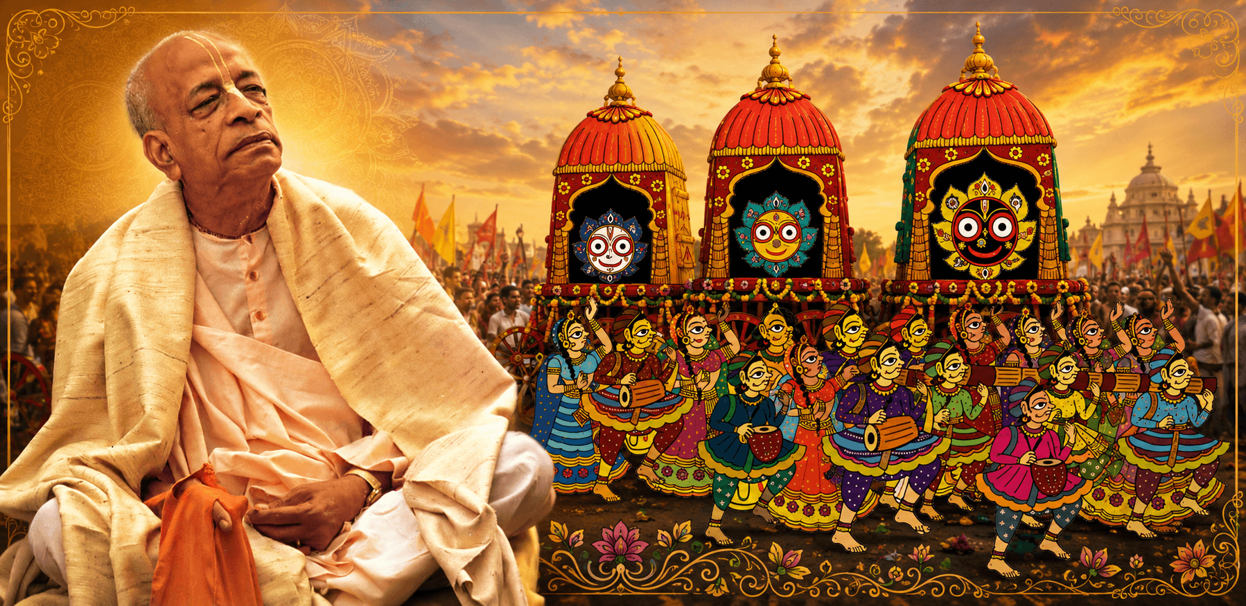 Festival of Chariots banner with parade chariots and festival participants