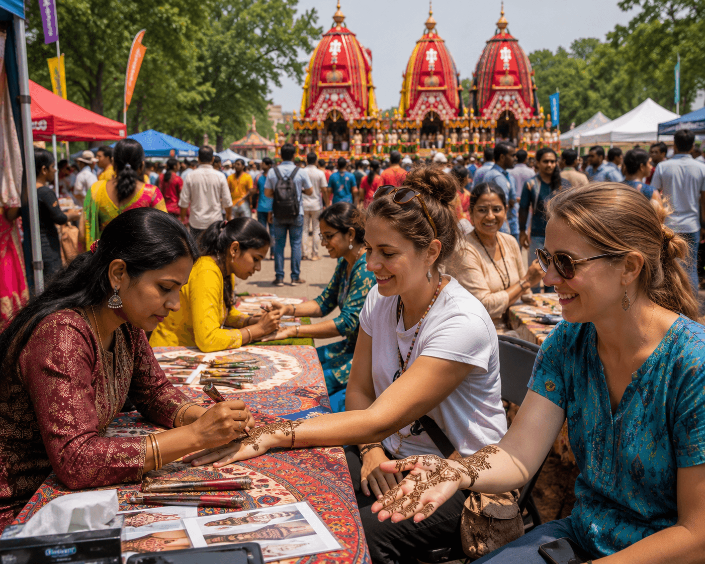 Visitors receiving intricate henna designs at the festival